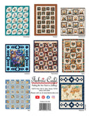 A fabric quilt pattern bookl back cover titled 'Fabric Cafe' showing eight quilt pattern previews arranged in a grid with the brand name and contact details at the bottom.