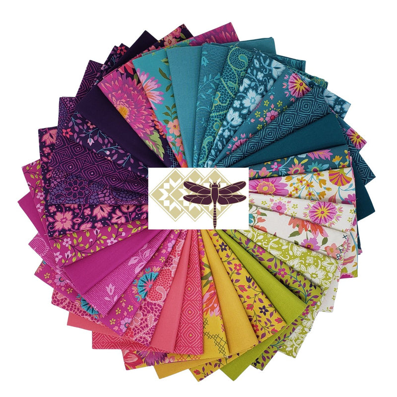 Parlor and Matching Bella Solids Fat Quarter Bundle shown in circular wheel.
