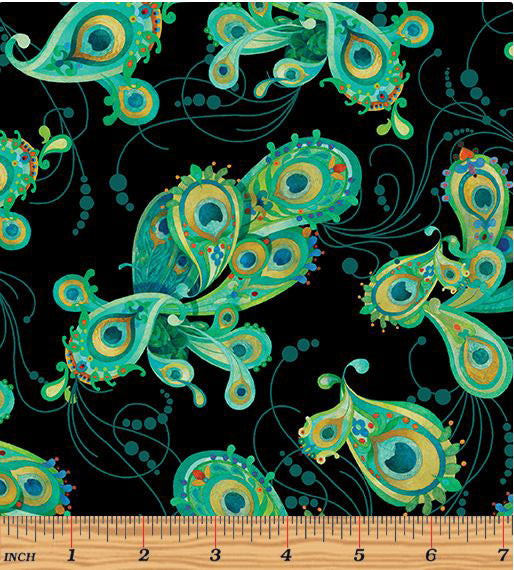 Peacock Symphony 13487-12 Paisley Black by David Galchutt for Benartex