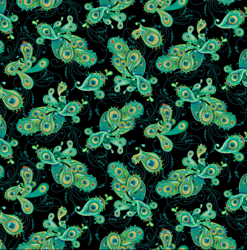 Peacock Symphony 13487-12 Paisley Black by David Galchutt for Benartex