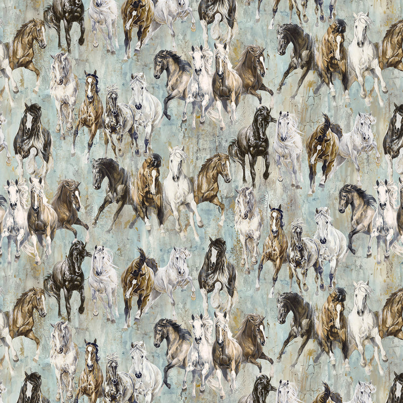 Pedigree DP28025-62 Turquoise Multi Horses by Elise Genest for Northcott