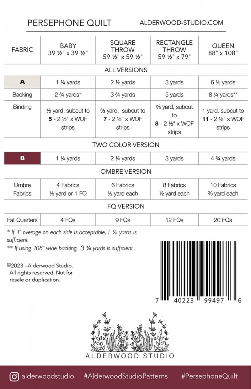 Persephone Quilt Pattern Amber Elliot Alderwood Studio Patterns Picture of Back of Pattern ALD-PERSEPHONE