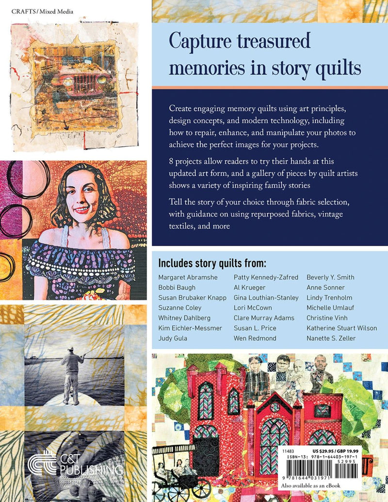 Book cover of Photo Memory Quilts book with images of quilts and a person, featuring text about capturing memories in story quilts.