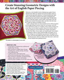 Back book cover of 'Pieced Kaleidoscope Quilt Blocks' featuring colorful fabric designs and text.