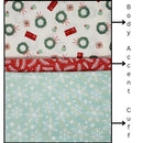Fabrics for the Pillowcase Kit - Deck the Halls showing Christmas-themed patterns including wreaths, presents, and snowflakes.