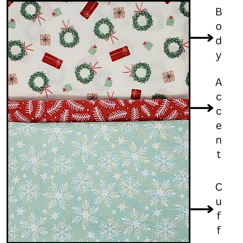 Fabrics for the Pillowcase Kit - Deck the Halls showing Christmas-themed patterns including wreaths, presents, and snowflakes.
