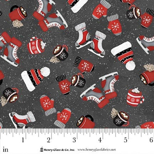 Pine Cone Ridge Lodge 2131-99 Charcoal Tossed Hats/Mittens/Skates by Shelly Comiskey for Henry Glass.