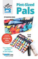 Pint-Sized Pals patterns shows colorful zippered pouches with floral and checkered designs on a white background, featuring 'Pint-Sized Pals' by Annie.com.