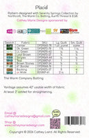 Back pattern insert for 'Placid' quilt pattern by Cathey Marie Designs, showing fabric swatch tables, brand logos, and a barcode on a white background with a faint pastel watercolor design.