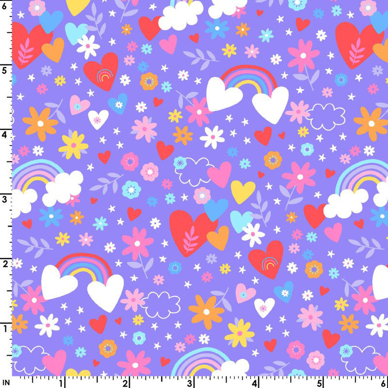 Playtime Flannel MASF10451-V Violet Hearts & Rainbows by Maywood Studio