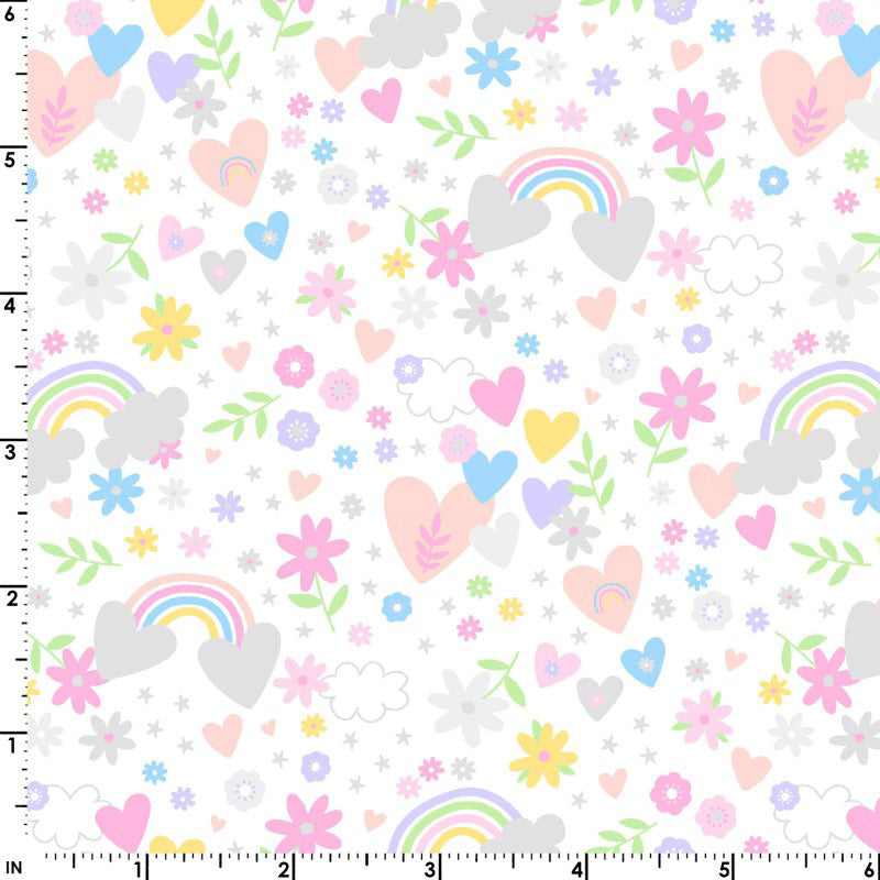 Playtime Flannel MASF10451-W White Hearts & Rainbows by Maywood Studio