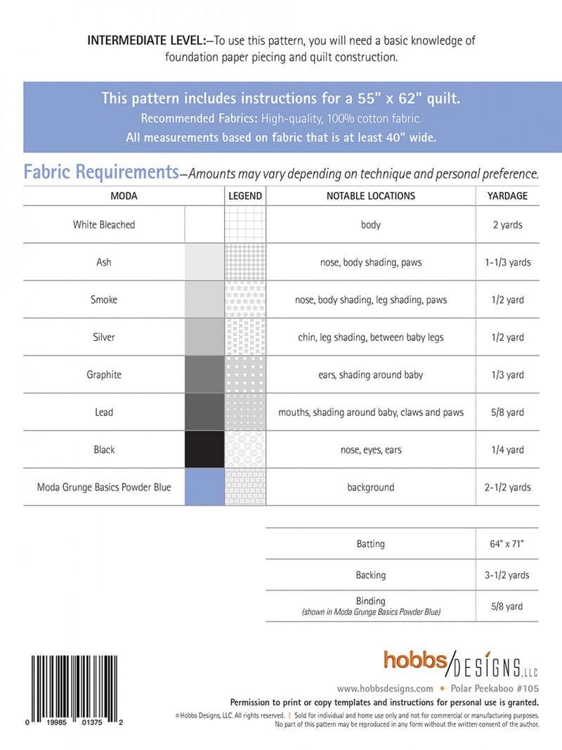 Polar Peekaboo A foundationa Paper Pieced Project Quilt Pattern Hobbs Designs Picture of Back of Pattern HOBBS-105