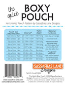 Back of a packaging for 'The Quick Boxy Pouch' pattern by Sassafras Lane Designs with product details and branding.