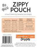Zippy Pouch pattern back cover by Sassafras Lane Designs with product details and branding.