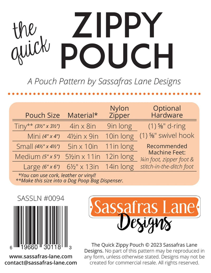Zippy Pouch pattern back cover by Sassafras Lane Designs with product details and branding.