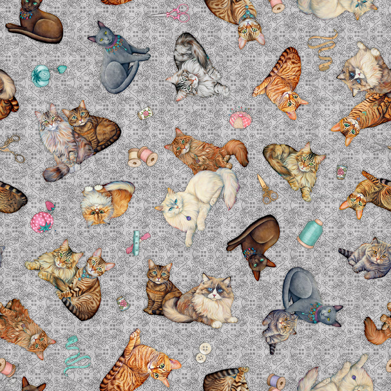 Quilt Room Kitties 30379-K Gray Cat Toss by Morris Creative Group for QT Fabrics