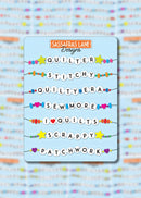 Quilty Friendship Sticker shows friendship bracelets with quilting sayings on a blue background.