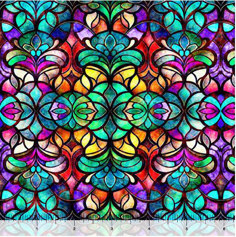 Radiant Reflections 30398-Q Teal Stained Glass Window by Morris Creative Group for QT Fabrics