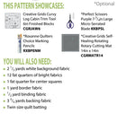 A product information graphic for a quilting pattern Rainbow Swirls, featuring a list of required tools and fabrics under the heading 'YOU WILL ALSO NEED:' and an optional showcase list at the top. The design uses a white background with green text and small product photos for a Creative Grids Curvy Log Cabin Trim Tool, Scissors, Roxanne Quilters Choice Marking Pencils, and a quilting mat.