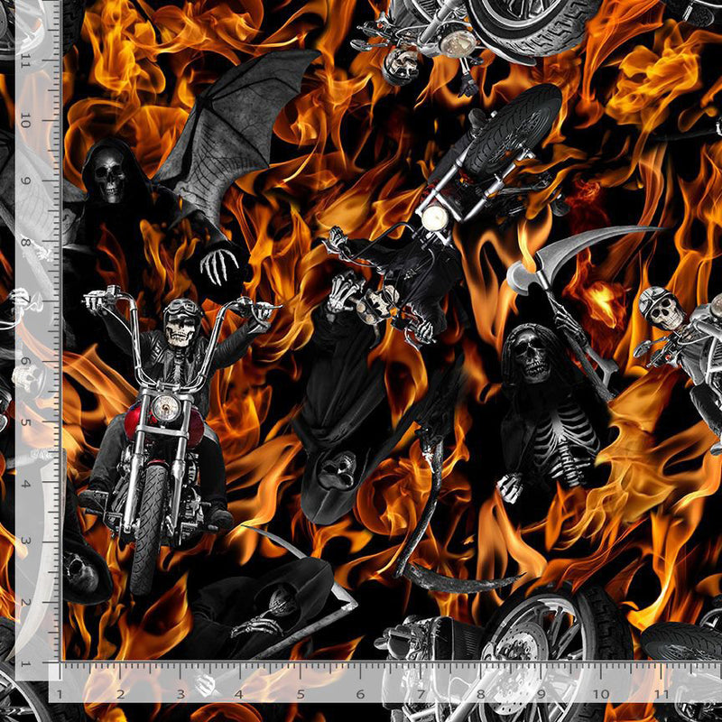 Reaper's Ride WICKED-CD2415 FLAME Skeletons Flaming Motorcycles by Timeless Treasures