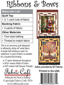 Back cover of pattern for a quilt titled 'Ribbons & Bows' with materials list and images of finished quilt.