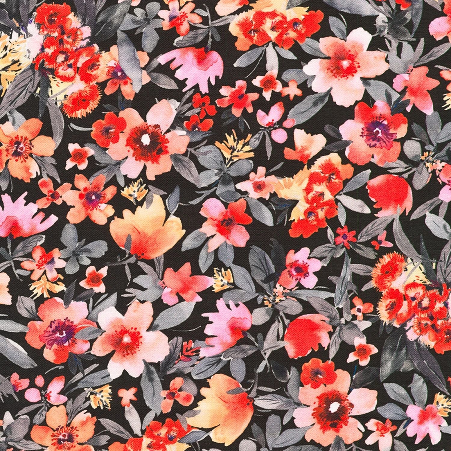 Ruby Rose AVMD-23305-2 Black Packed Leafy Florals - Fat Quarter