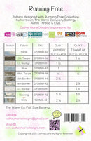 Fabric swatch chart for 'Running Free' quilt pattern featuring various fabric colors and their quantities.