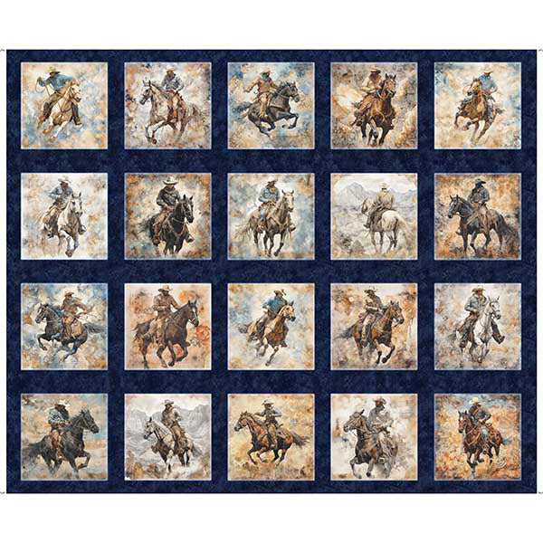 Running Wild Panel 30624-N Navy Cowboy on Horse Picture Patches by Morris Creative Group for QT Fabrics