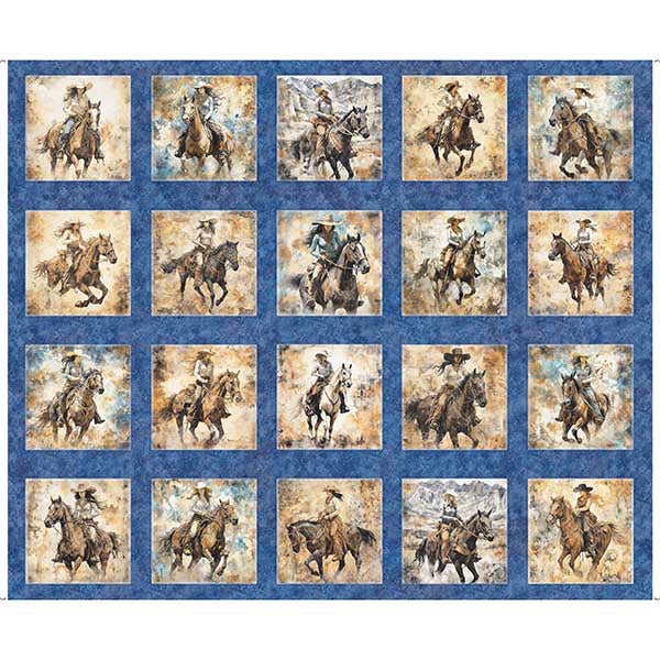 Running Wild Panel 30625-W Denim Cowgirl on Horse Picture Patch by Morris Creative Group for QT Fabrics