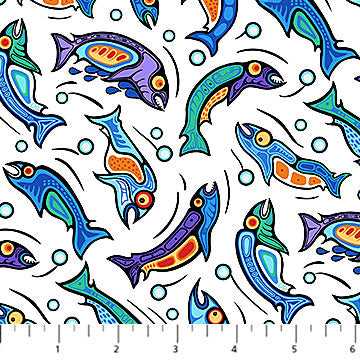 Sacred Earth 27110-10 White Multi Fish by Mark Anthony Jacobson for Northcott