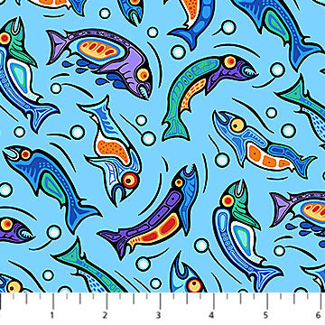 Sacred Earth 27110-42 Lt Blue Multi Fish by Mark Anthony Jacobson for Northcott