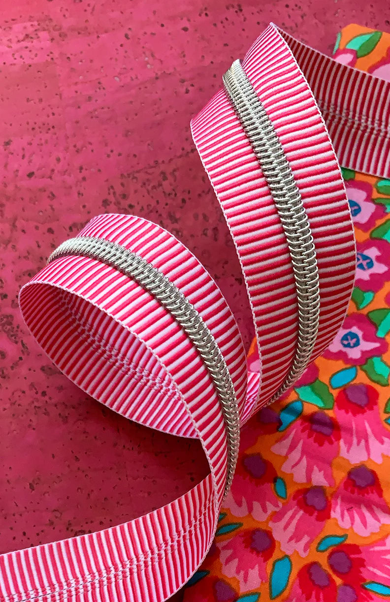 Sassafras Lane Zipper Tape by the Yard - Pink/White Stripe with Nickel Teeth - 3 Yard