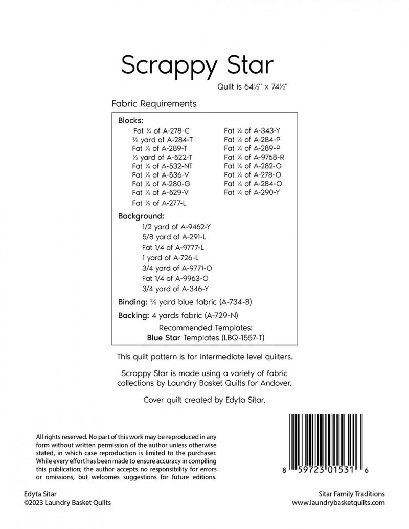 Scrappy Star Pieced Quilt Pattern Picture of Back of Pattern Edyta Sitar Laundry Basket Quilts LBQ-1531-P