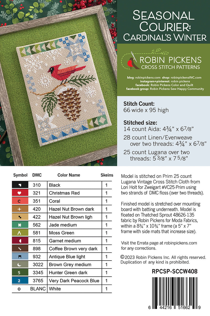 Seasonal Courier: Cardinal’s Winter Robin Pickens Patterns Back Cover RPCSP-SCCW408