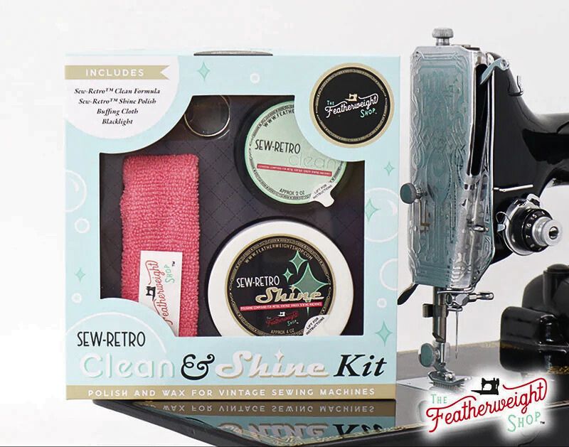 Sew-Retro Clean & Shine Kit packaging with vintage sewing machine on a white background