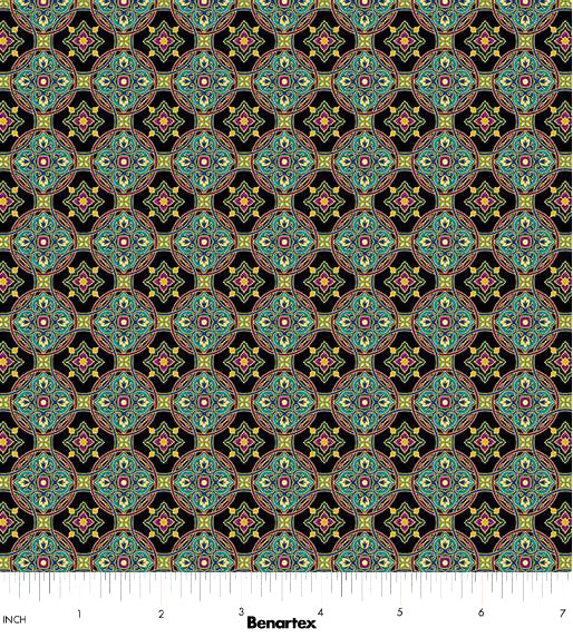 Shangri-La 16115M-12 Tile Medallion Black/Multi by Painted Sky Studio for Benartex