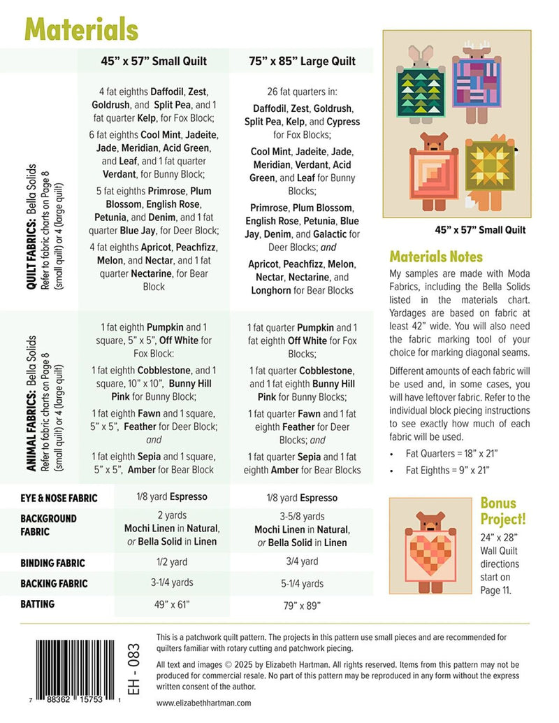 Show and Tell quilt pattern by Elizabeth Hartman back cover with fabric requirements and material notes.