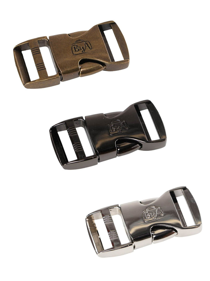 Side Release Buckle 1 inch in 3 metal colors shown closed.
