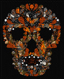 Skellington Wall Hanging Free PDF Quilt Pattern picture shows skull-shaped artwork made of Halloween-themed elements on a black background