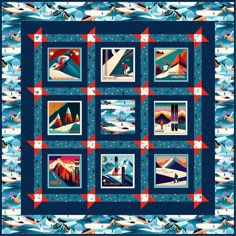 Ski Run Quilt Free PDF Quilt Pattern shows graphic images of skiing scenes