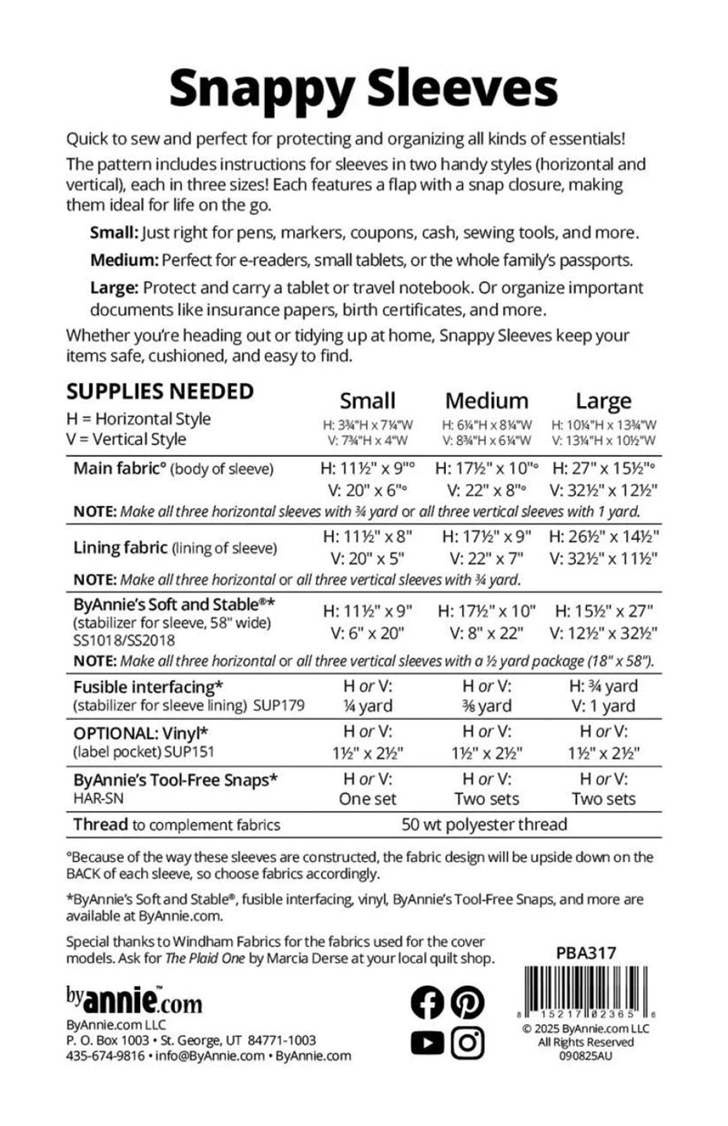 Snappy Sleeves pattern sheet with instructions and supplies list on a white background