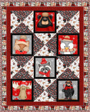 Snowy Friends Throw Free PDF Quilt Pattern shows fun comical woodland animals with hats and scarves.