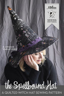 Spellbound Hat quilted witch hat sewing pattern with a model wearing it against a gray background, featuring Melissa Mortenson's logo.