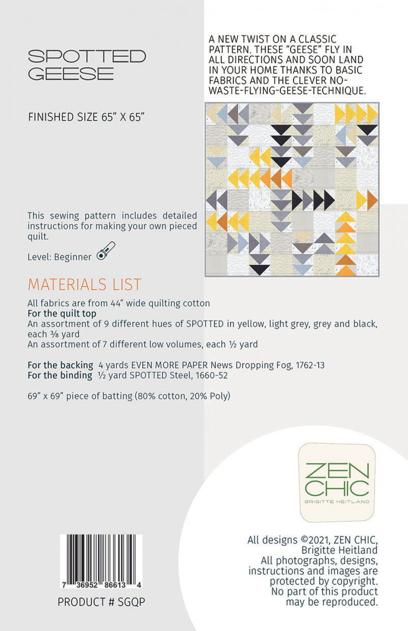 spotted geese quilt pattern by zen chic back cover