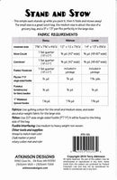Back of a Stand and Stow pattern showing sizes and fabric requirements in a table format for Small, Medium, and Large sizes, and contact information for ATKINSON DESIGNS.