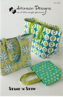 Stand N Stow pattern cover shows three fabric bags with green and blue patterns on a white background, featuring Atkinson Designs branding.
