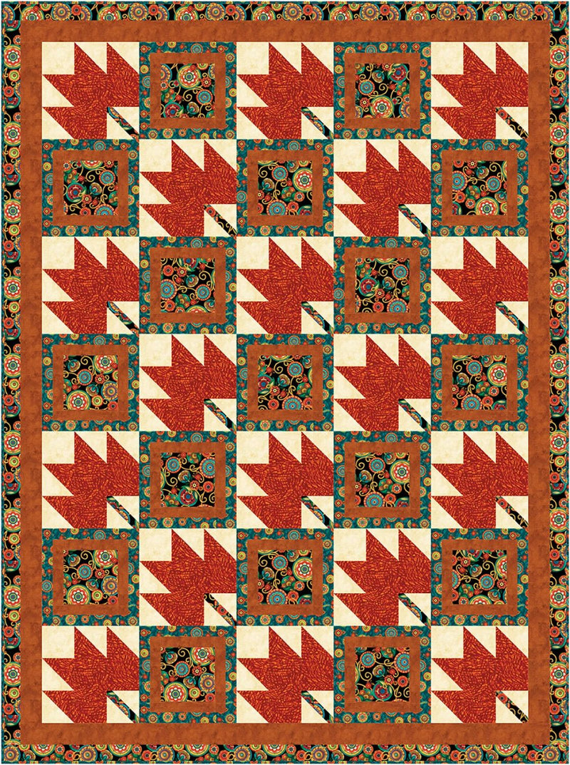 Quilt with geometric pattern featuring red, white, and blue colors on a brown background from the Step it Up with 5-Yard Quilts book.