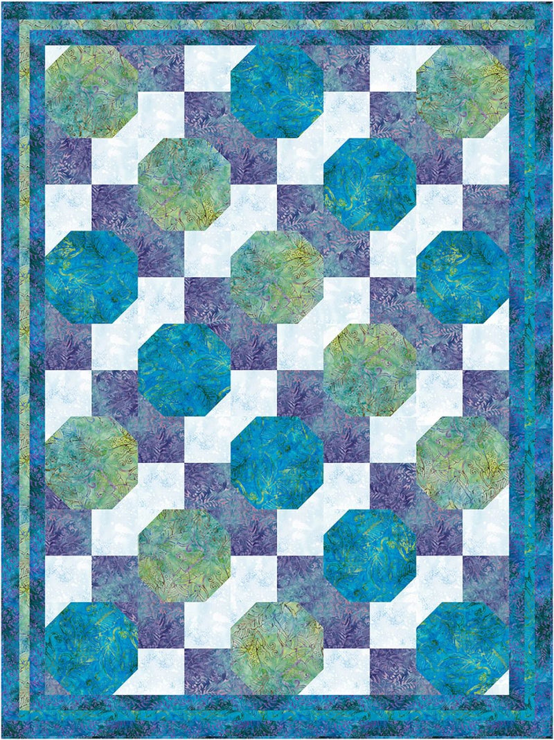 Quilt with blue and green geometric pattern from the Step it Up with 5-Yard Quilts book.