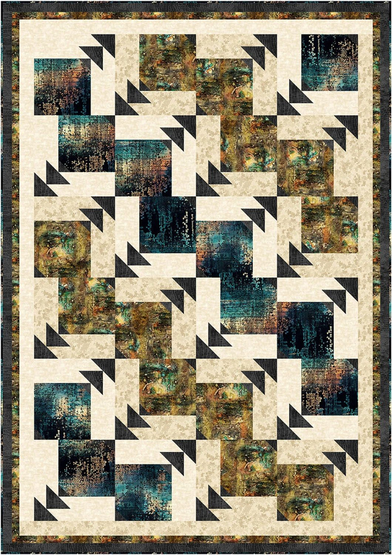 Quilt with geometric pattern featuring triangles and squares in earthy tones from the Step it Up with 5-Yard Quilts book.