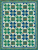 Quilt with geometric pattern in blue, green, and white from the Step it Up with 5-Yard Quilts book.